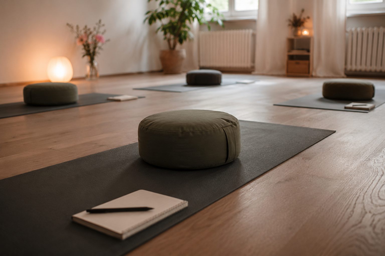 Ruhig vorbereiteter Kursraum mit Matten, Meditationskissen und Notizbüchern